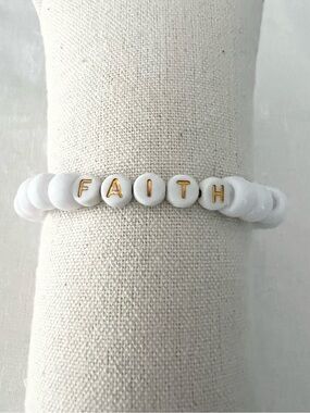 Handmade FAITH White Pony Bead Stretch Bracelet